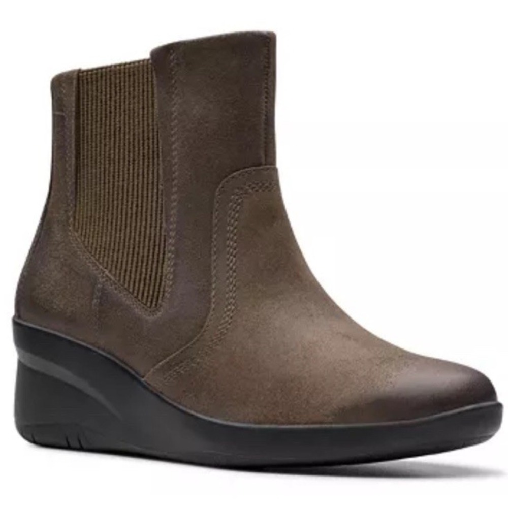 Clarks Womens Suttyn Rae Leather Wedge Ankle Boots Side Zip Comfort Brown Sz 12M